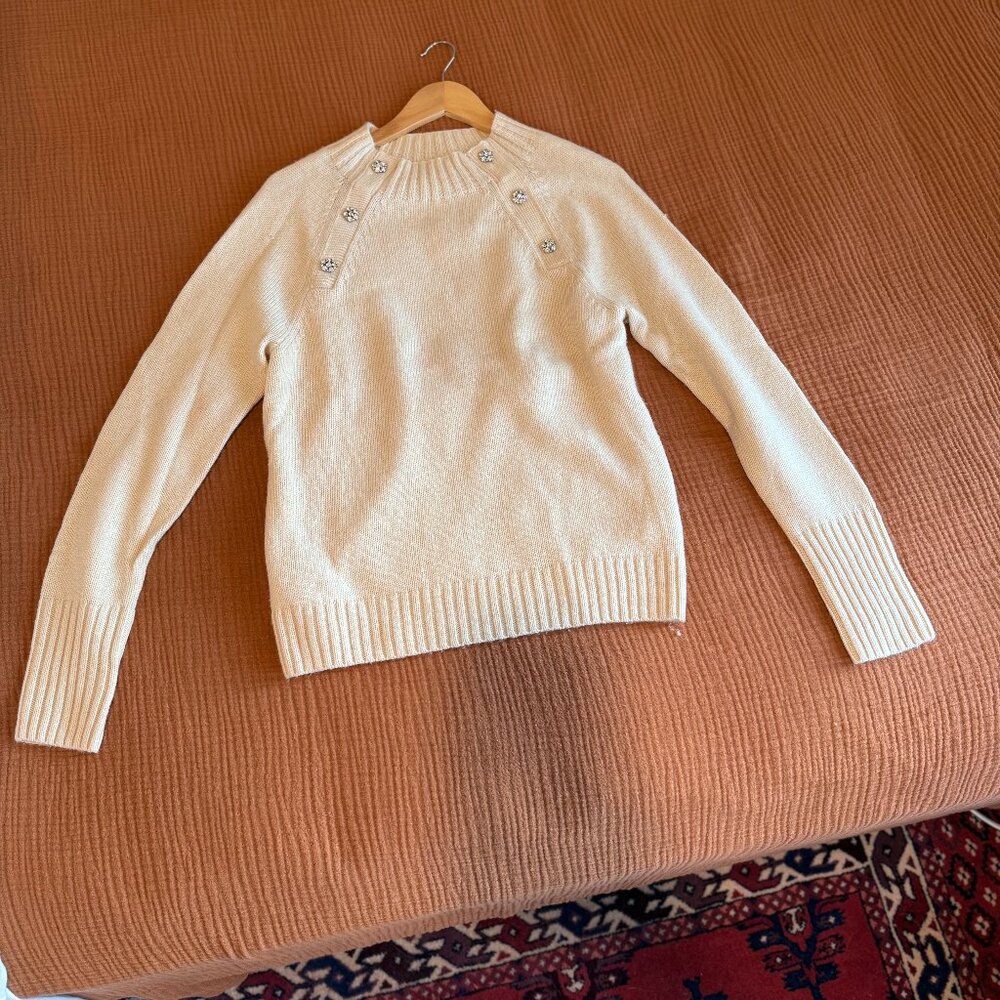 J. Crew Mock Neck Knit Sweater in White / Cream with Jeweled Buttons Size S NWTs